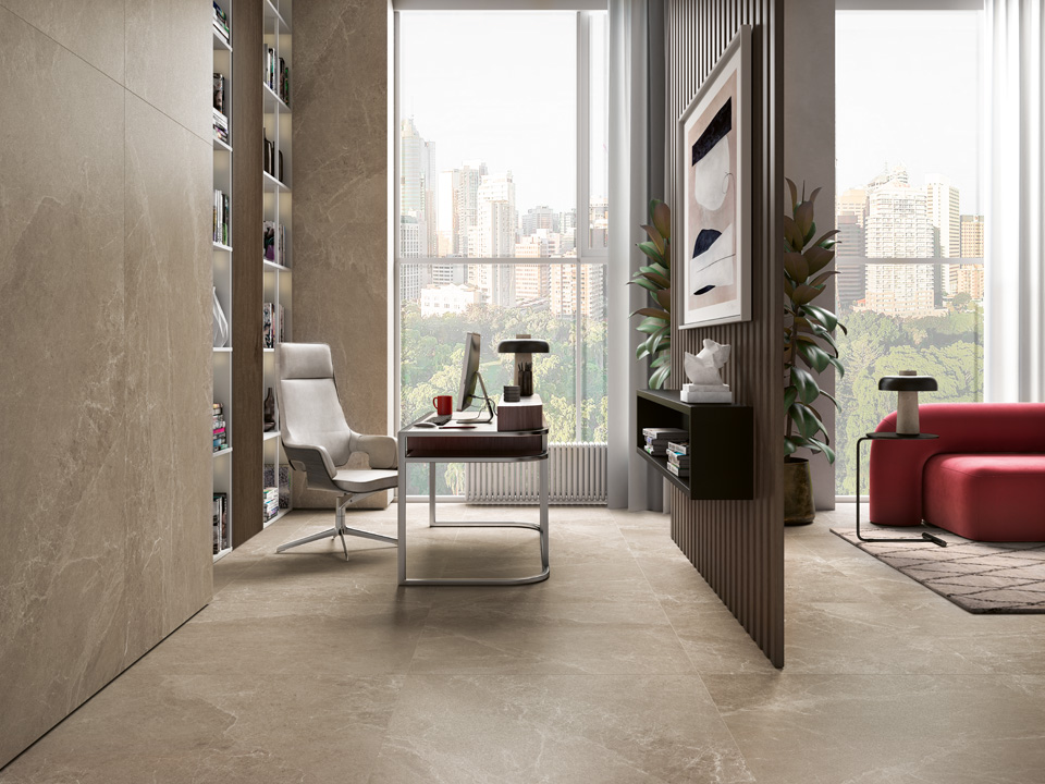 Grandi lastre in grès effetto pietra per pavimento di ufficio elegante, collezione Advantage di Blustyle